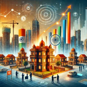 DALL·E 2024 12 28 14.19.37 A conceptual illustration of the Indian real estate market showcasing a vibrant urban skyline with modern skyscrapers traditional Indian architectur